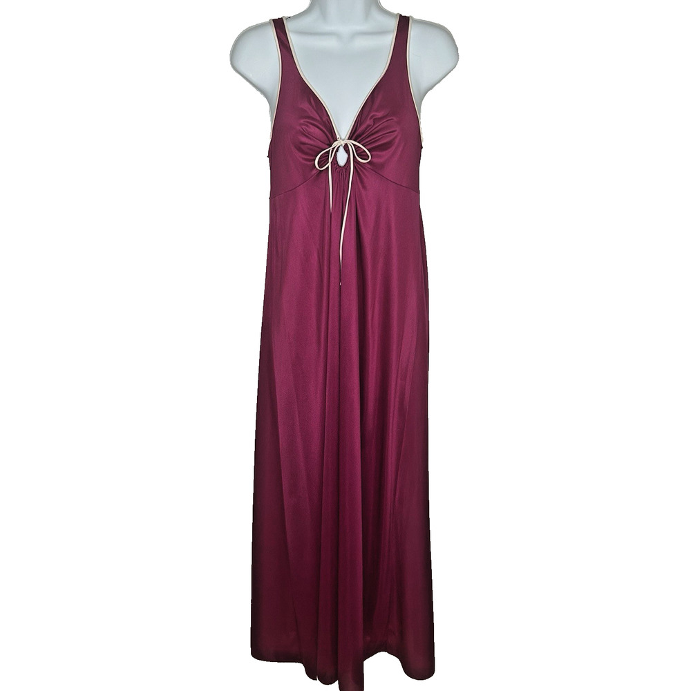 Vtg 70's Disco‎ Nightgown Dress XS Vassarette Dark Pink Long Nylon Keyhole Satin